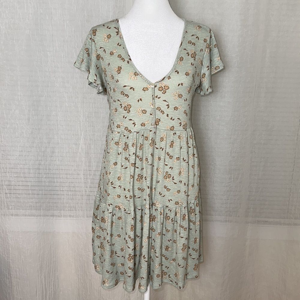 Jessica Simpson S Seafoam Green Brown White Orange Floral Tiered Ribbed Dress